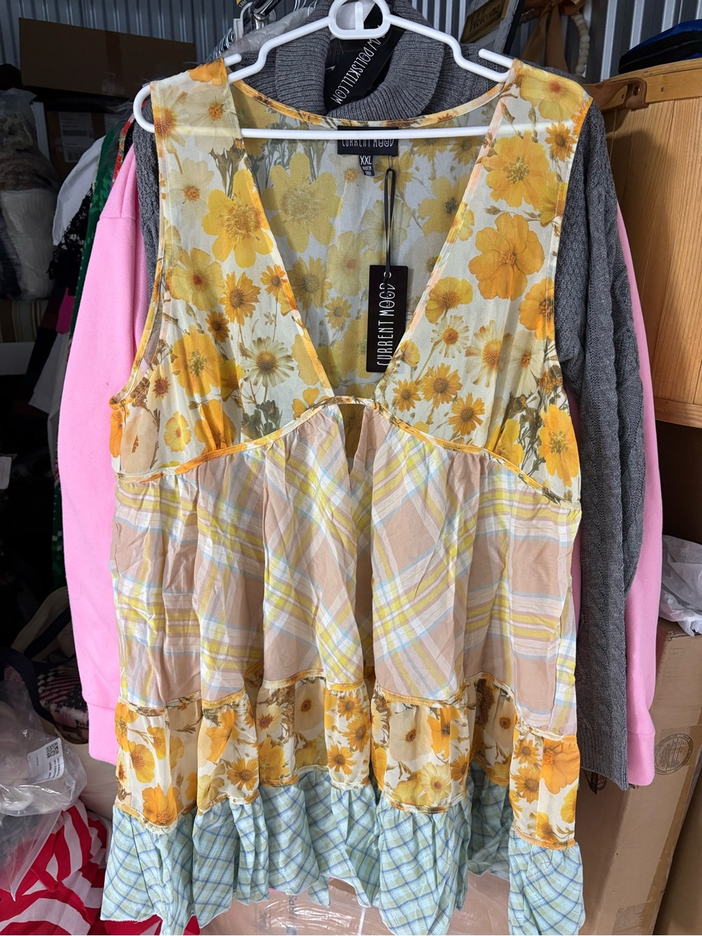 Current Mood Floral Yellow Plaid Tiered Casual Dress